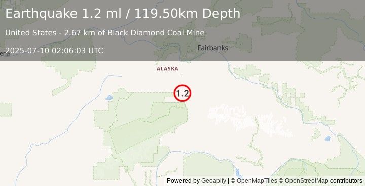 Earthquake 5 km SE of Ferry, Alaska (1.2 ml) (2025-07-10 02:06:03 UTC)