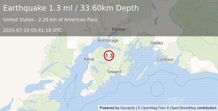 Earthquake 21 km N of Cooper Landing, Alaska (1.3 ml) (2025-07-10 05:41:18 UTC)
