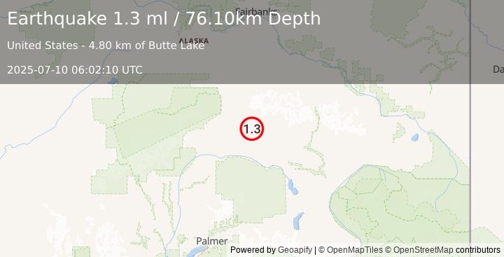 Earthquake 58 km ESE of Cantwell, Alaska (1.3 ml) (2025-07-10 06:02:10 UTC)