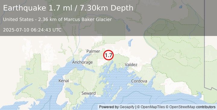 Earthquake 42 km SSW of Glacier View, Alaska (1.7 ml) (2025-07-10 06:24:43 UTC)