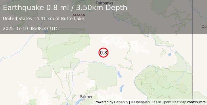 Earthquake 63 km ESE of Cantwell, Alaska (0.8 ml) (2025-07-10 08:08:37 UTC)