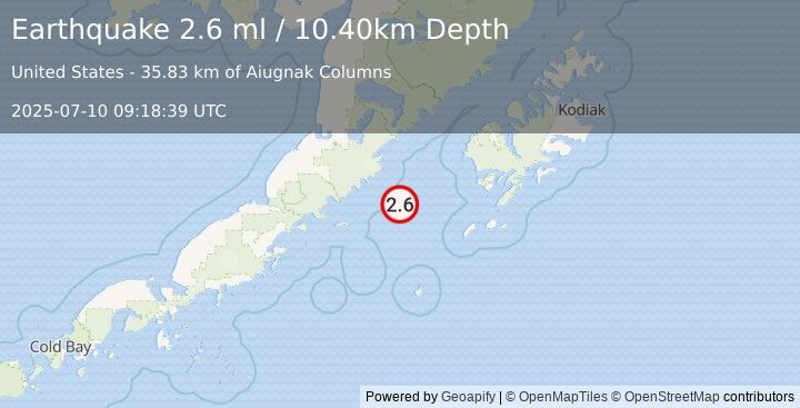 Earthquake 113 km W of Akhiok, Alaska (2.6 ml) (2025-07-10 09:18:39 UTC)