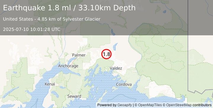 Earthquake 34 km S of Eureka Roadhouse, Alaska (1.8 ml) (2025-07-10 10:01:28 UTC)