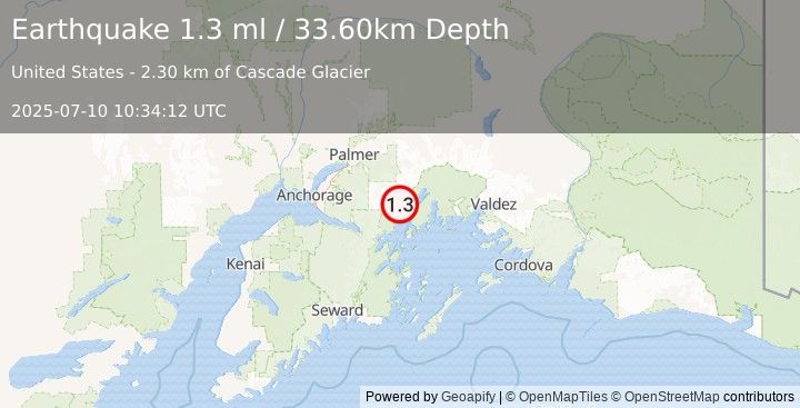 Earthquake 47 km NE of Whittier, Alaska (1.3 ml) (2025-07-10 10:34:12 UTC)