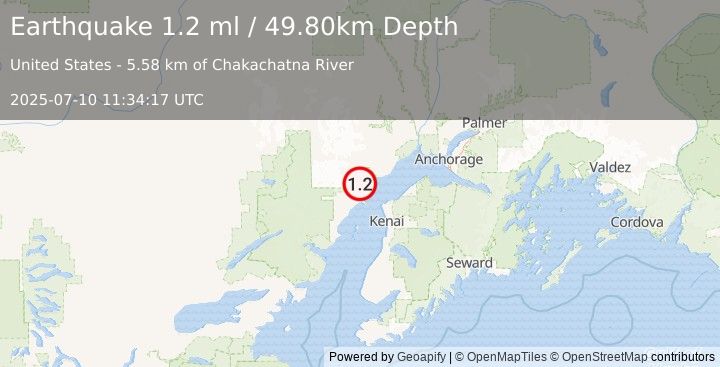 Earthquake 40 km WSW of Tyonek, Alaska (1.2 ml) (2025-07-10 11:34:17 UTC)