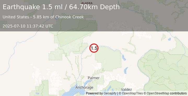 Earthquake 63 km ENE of Chase, Alaska (1.5 ml) (2025-07-10 11:37:42 UTC)