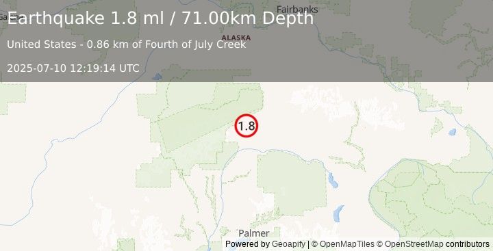 Earthquake 29 km SW of Cantwell, Alaska (1.8 ml) (2025-07-10 12:19:14 UTC)