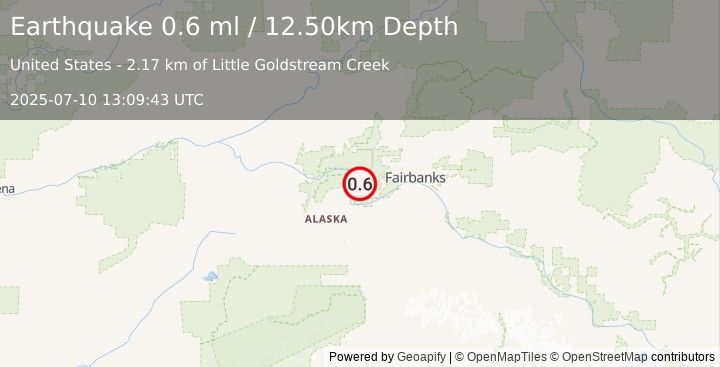 Earthquake 21 km NNE of Four Mile Road, Alaska (0.6 ml) (2025-07-10 13:09:43 UTC)