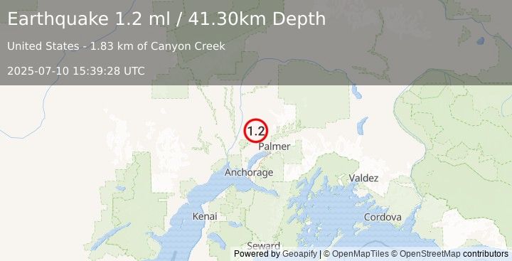 Earthquake 21 km ENE of Willow, Alaska (1.2 ml) (2025-07-10 15:39:28 UTC)