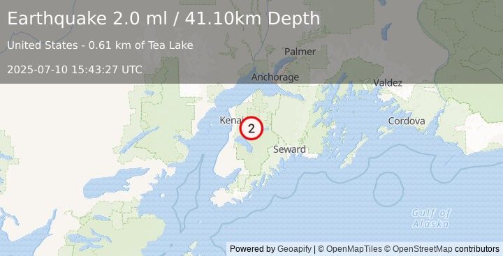Earthquake 10 km SE of Funny River, Alaska (2.0 ml) (2025-07-10 15:43:27 UTC)