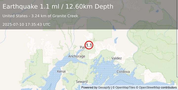 Earthquake 9 km S of Sutton-Alpine, Alaska (1.1 ml) (2025-07-10 17:35:43 UTC)
