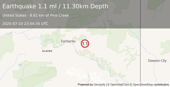 Earthquake 37 km ESE of Pleasant Valley, Alaska (1.1 ml) (2025-07-10 23:54:34 UTC)