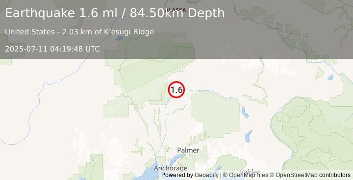 Earthquake 50 km NNE of Chase, Alaska (1.6 ml) (2025-07-11 04:19:48 UTC)