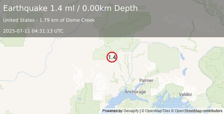 Earthquake 42 km WSW of Petersville, Alaska (1.4 ml) (2025-07-11 04:31:13 UTC)