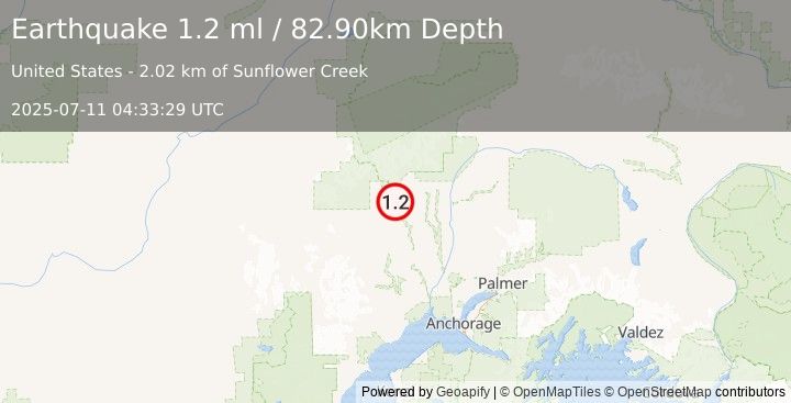 Earthquake 29 km WSW of Petersville, Alaska (1.2 ml) (2025-07-11 04:33:29 UTC)