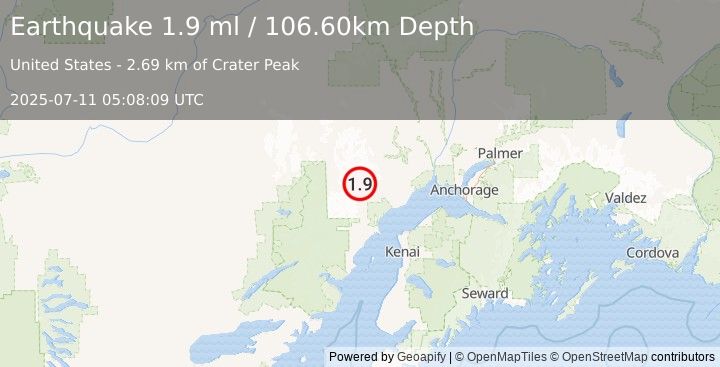 Earthquake 61 km WNW of Tyonek, Alaska (1.9 ml) (2025-07-11 05:08:09 UTC)