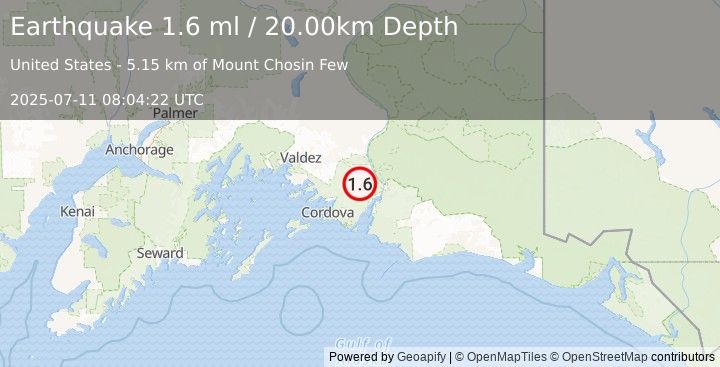 Earthquake 51 km NE of Cordova, Alaska (1.6 ml) (2025-07-11 08:04:22 UTC)
