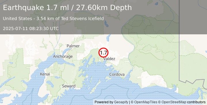 Earthquake 34 km NW of Valdez, Alaska (1.7 ml) (2025-07-11 08:23:30 UTC)