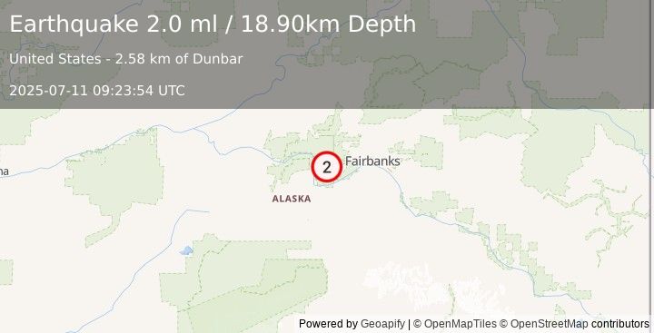 Earthquake 24 km NE of Four Mile Road, Alaska (2.0 ml) (2025-07-11 09:23:54 UTC)