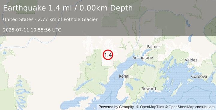 Earthquake 74 km WNW of Tyonek, Alaska (1.4 ml) (2025-07-11 10:55:56 UTC)