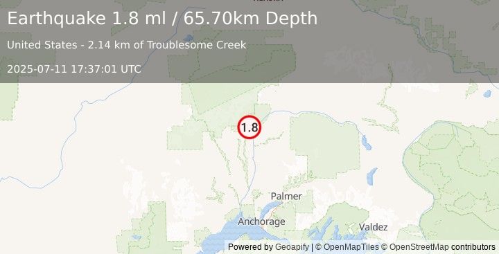 Earthquake 21 km NNW of Chase, Alaska (1.8 ml) (2025-07-11 17:37:01 UTC)