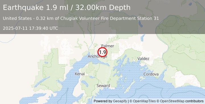 Earthquake 6 km NNE of Eagle River, Alaska (1.9 ml) (2025-07-11 17:39:40 UTC)