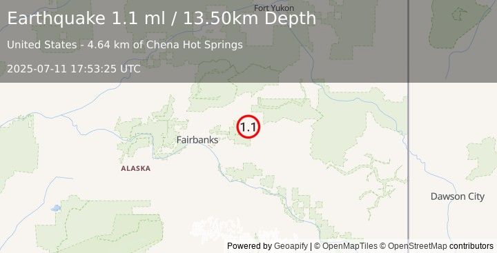 Earthquake 39 km ENE of Pleasant Valley, Alaska (1.1 ml) (2025-07-11 17:53:25 UTC)