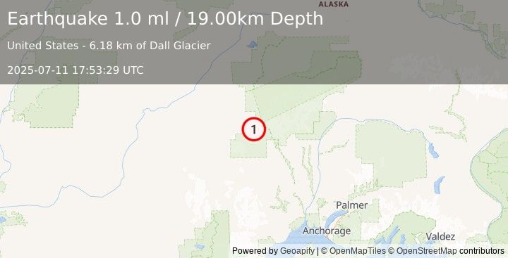 Earthquake 75 km WNW of Petersville, Alaska (1.0 ml) (2025-07-11 17:53:29 UTC)