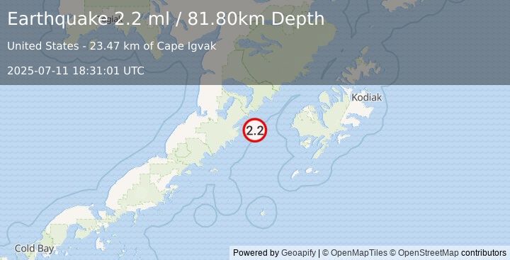 Earthquake 92 km WSW of Karluk, Alaska (2.2 ml) (2025-07-11 18:31:01 UTC)