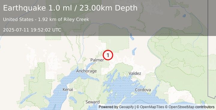Earthquake 8 km ESE of Chickaloon, Alaska (1.0 ml) (2025-07-11 19:52:02 UTC)