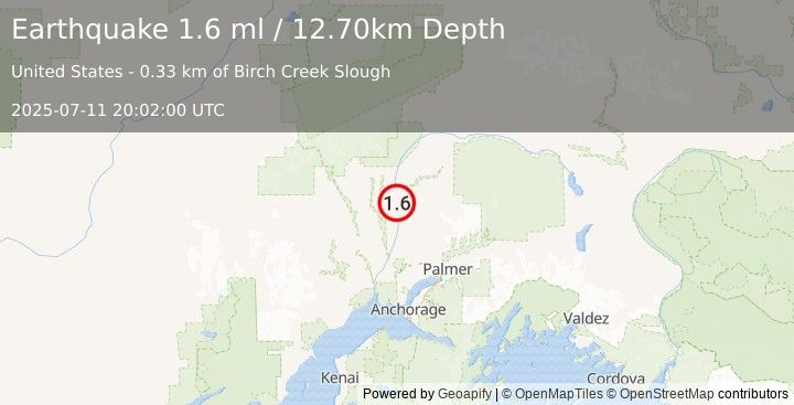 Earthquake 11 km S of Talkeetna, Alaska (1.6 ml) (2025-07-11 20:02:00 UTC)