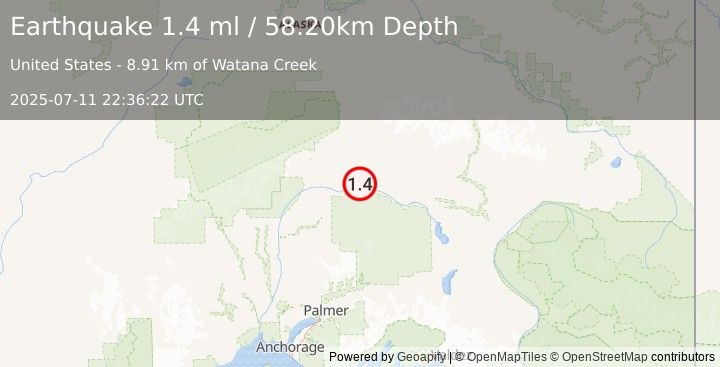 Earthquake 62 km SSE of Cantwell, Alaska (1.4 ml) (2025-07-11 22:36:22 UTC)