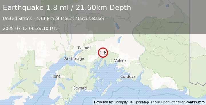 Earthquake 42 km S of Glacier View, Alaska (1.8 ml) (2025-07-12 00:39:10 UTC)