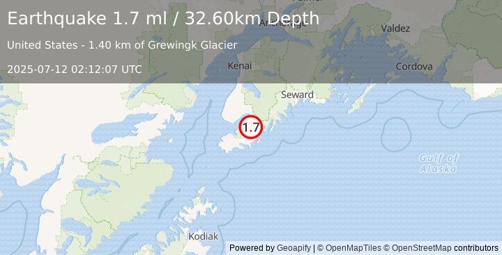 Earthquake 18 km E of Halibut Cove, Alaska (1.7 ml) (2025-07-12 02:12:07 UTC)