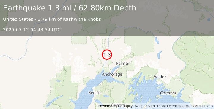 Earthquake 21 km NW of Willow, Alaska (1.3 ml) (2025-07-12 04:43:54 UTC)