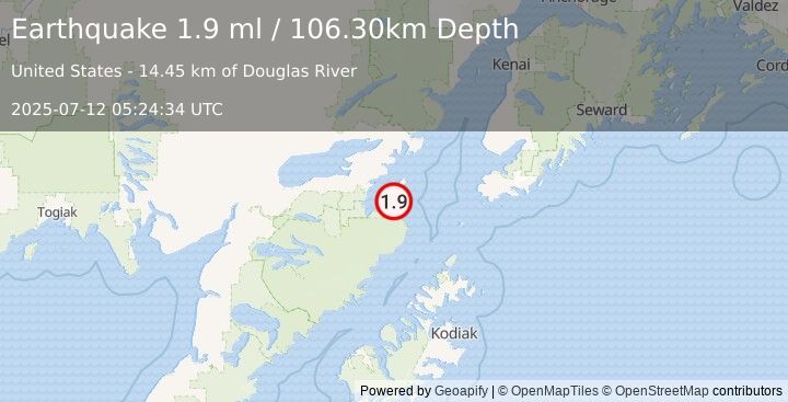 Earthquake 65 km SE of Pope-Vannoy Landing, Alaska (1.9 ml) (2025-07-12 05:24:34 UTC)