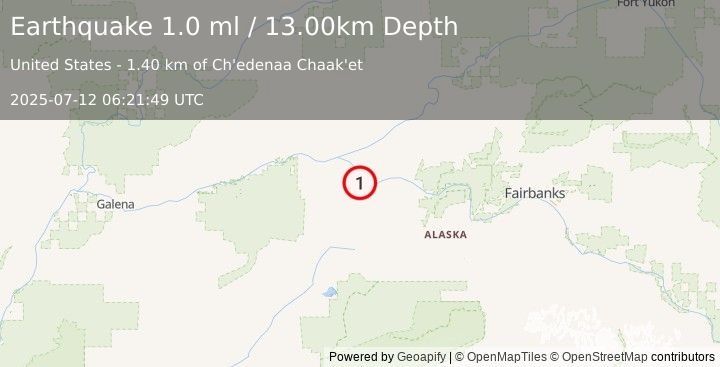 Earthquake 36 km SE of Tanana, Alaska (1.0 ml) (2025-07-12 06:21:49 UTC)