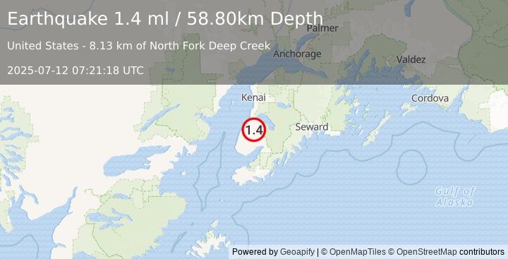 Earthquake 21 km SSE of Clam Gulch, Alaska (1.4 ml) (2025-07-12 07:21:18 UTC)