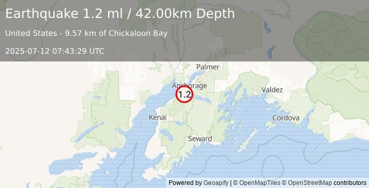 Earthquake 22 km SSW of Anchorage, Alaska (1.2 ml) (2025-07-12 07:43:29 UTC)