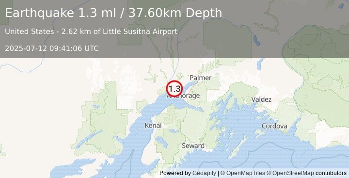 Earthquake 16 km W of Point MacKenzie, Alaska (1.3 ml) (2025-07-12 09:41:06 UTC)