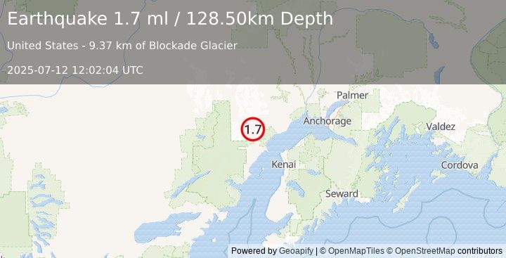 Earthquake 58 km W of Tyonek, Alaska (1.7 ml) (2025-07-12 12:02:04 UTC)