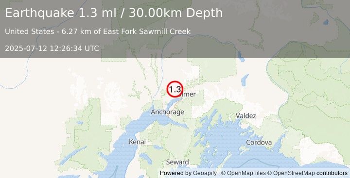 Earthquake 9 km NNE of Meadow Lakes, Alaska (1.3 ml) (2025-07-12 12:26:34 UTC)
