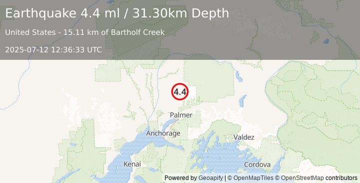 Earthquake 37 km ESE of Susitna North, Alaska (4.4 ml) (2025-07-12 12:36:33 UTC)