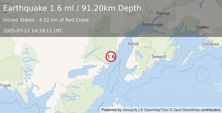 Earthquake 64 km WNW of Happy Valley, Alaska (1.6 ml) (2025-07-12 14:19:11 UTC)