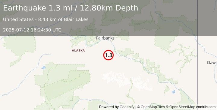 Earthquake 37 km SW of Salcha, Alaska (1.3 ml) (2025-07-12 16:24:30 UTC)