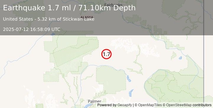 Earthquake 40 km ESE of Cantwell, Alaska (1.7 ml) (2025-07-12 16:58:09 UTC)
