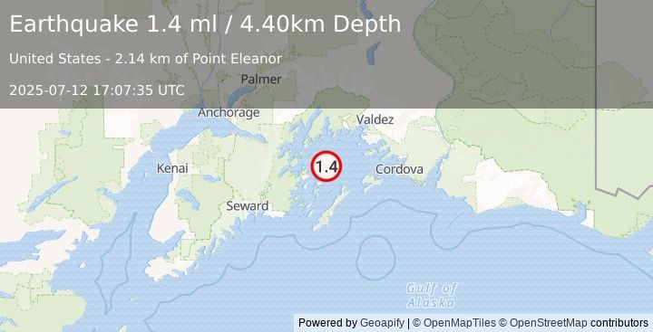 Earthquake 56 km SW of Tatitlek, Alaska (1.4 ml) (2025-07-12 17:07:35 UTC)