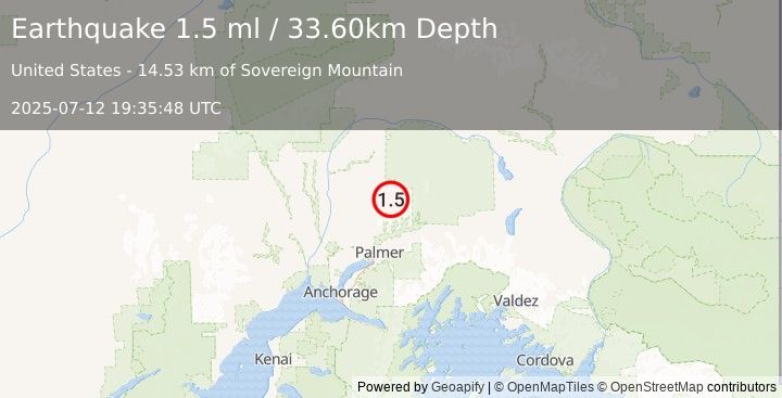 Earthquake 37 km N of Sutton-Alpine, Alaska (1.5 ml) (2025-07-12 19:35:48 UTC)