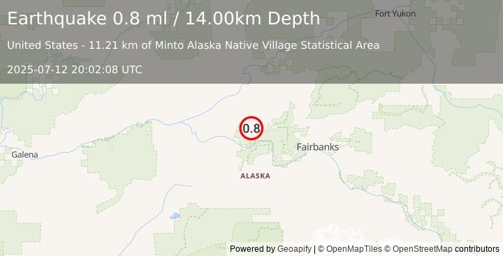 Earthquake 22 km WSW of Minto, Alaska (0.8 ml) (2025-07-12 20:02:08 UTC)