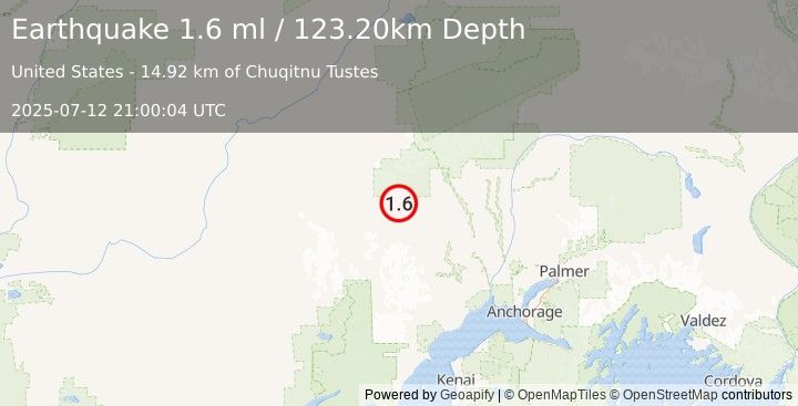 Earthquake 58 km WNW of Skwentna, Alaska (1.6 ml) (2025-07-12 21:00:04 UTC)